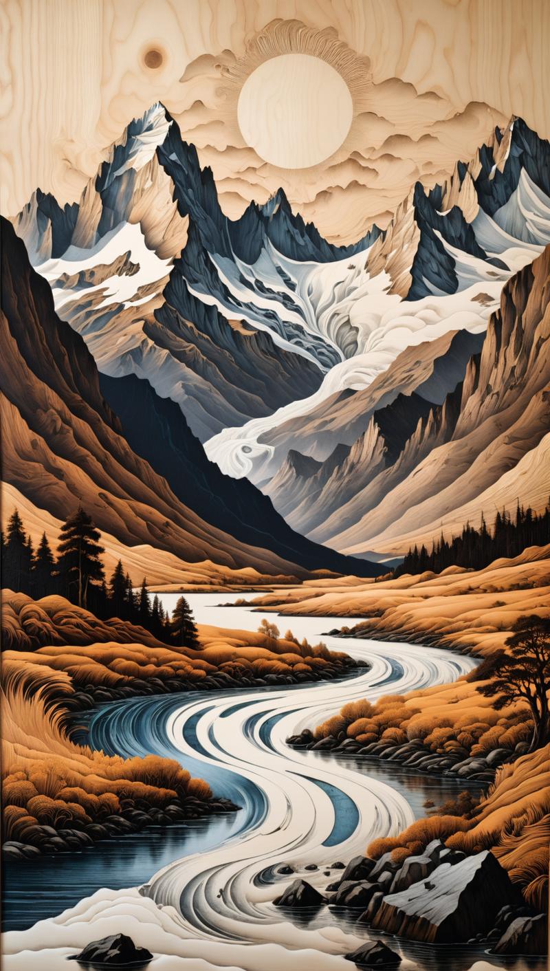 01592-3797103225-A wooden art drawing depicting the breathtaking Patagonian landscape of Aysén. The scene showcases towering mountains, glacial l.png